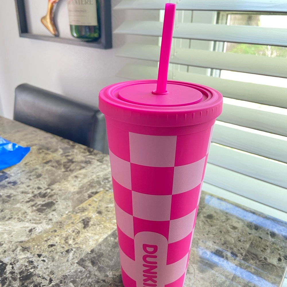 Dunkin' Pink Checkered Tumbler with Straw